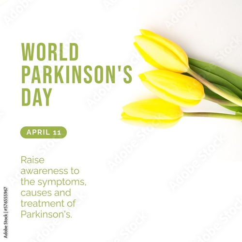 Image of world parkinson's day text over yellow tulips with copy space