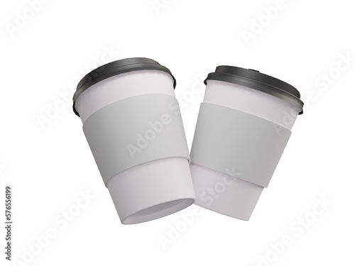 3d rendering of two empty white coffee cups for mock up, png transparent background file