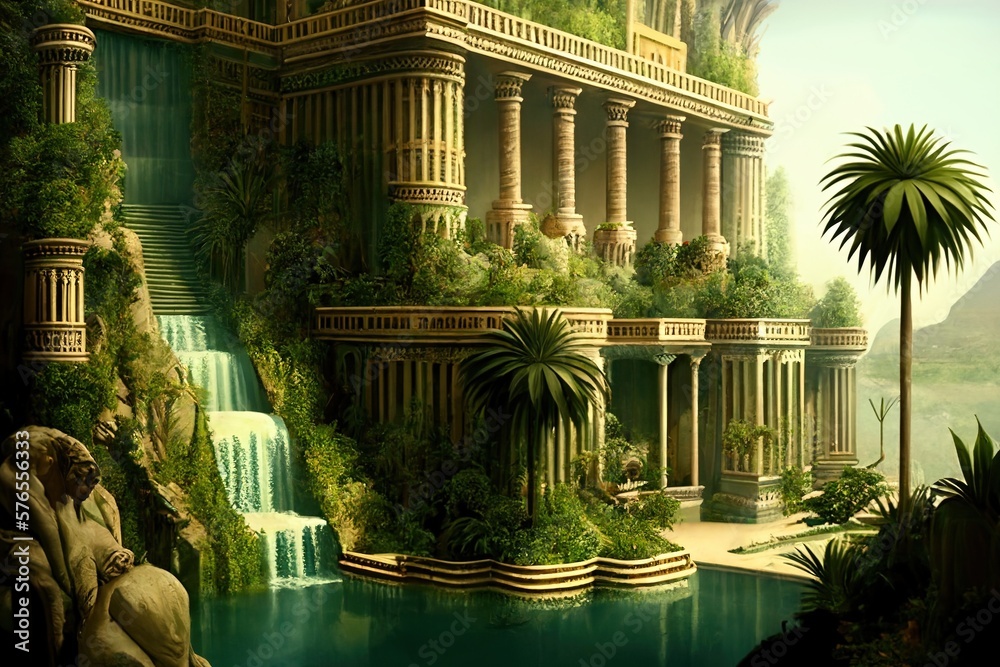 Fictional digital illustration of the Hanging Gardens of Babylon