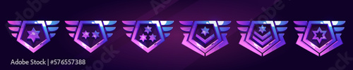 Set of military game rank badges isolated on background. Vector cartoon illustration of shiny metal pentagonal insignia medals with stars, chevrons, wings. Gui progress symbol. Award for achievement
