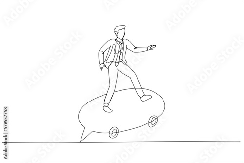 businessman riding speech bubble skate using megaphone. Concept of communication