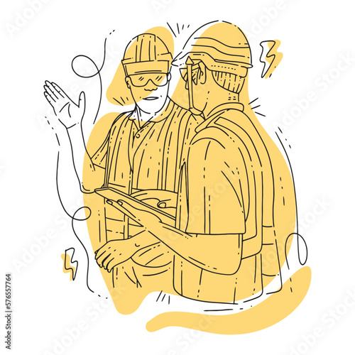 Hand-Drawn Illustration of Engineers in Discussion