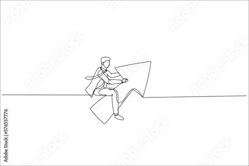 businessman riding arrow moving toward objective. Concept of direction