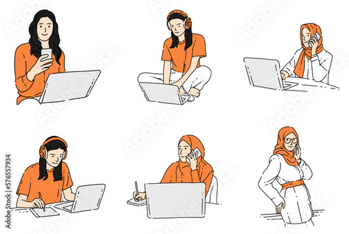 set of hand-drawn working woman