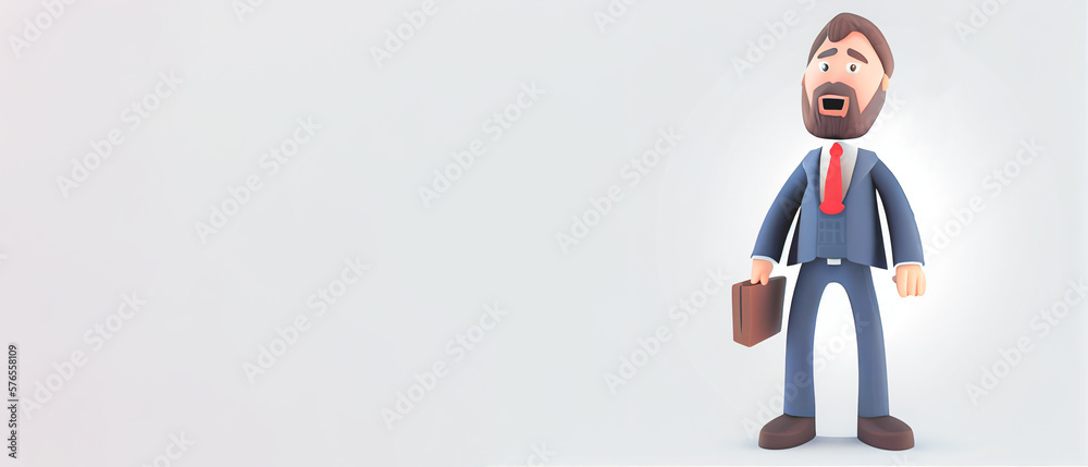 Fototapeta premium Young business man in suit standing with briefcase on a white background. Leader success, management concept. 3d illustration people character. Cartoon minimal style.