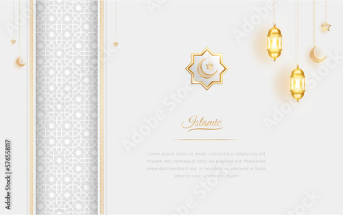 Ramadan Arabic Islamic White and Golden Luxury Ornamental Background with Islamic Pattern and Decorative Lanterns