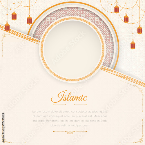 Ramadan Arabic Islamic White and Golden Luxury Ornamental Background with Islamic Pattern and Decorative Lanterns
