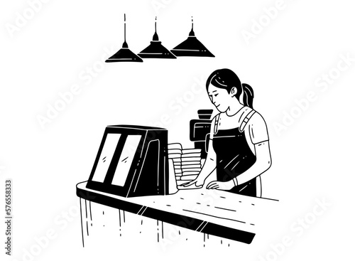 Hand-drawn Illustration of a Female Barista Cleaning a Table