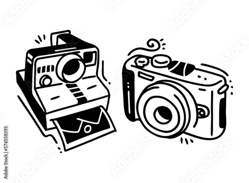 Hand-drawn Illustration of Analog and Modern Cameras