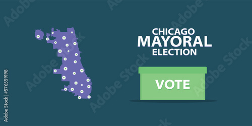 Premium vector graphic describes the mayoral election in Chicago 2023. Dark blue background with voting box and Chicago map along with pinned locations photo