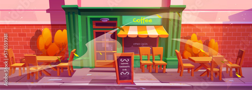 Coffee shop exterior in autumn. Vector cartoon illustration of city cafe with large window and wooden door, chairs and tables on street, discount announcement on sidewalk, yellow foliage flying in air