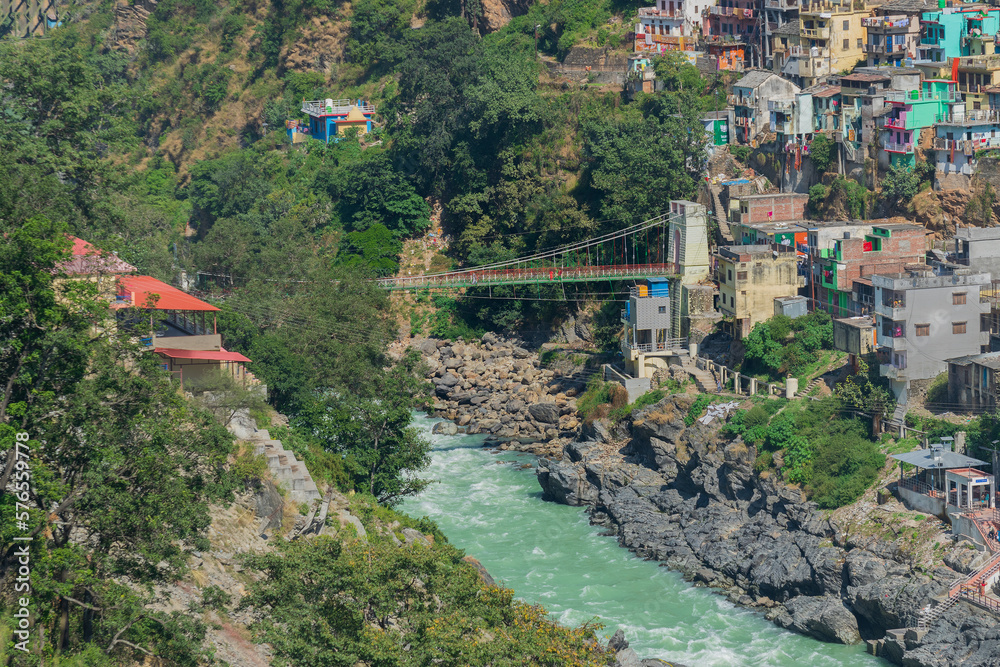 Bridge at Devprayag, Bhagirathi river from left side and Alakananda river from right side converge at Devprayag,Holy conflunece and form river Holy Ganges thereafter.Garhwal, Uttarakhand, India.
