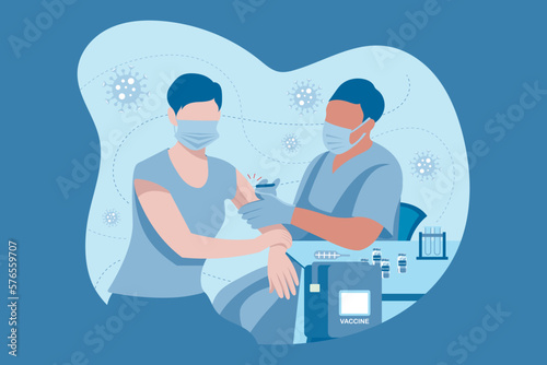 woman with short hair and face mask taking corona vaccine from a male nurse in vaccination centre.