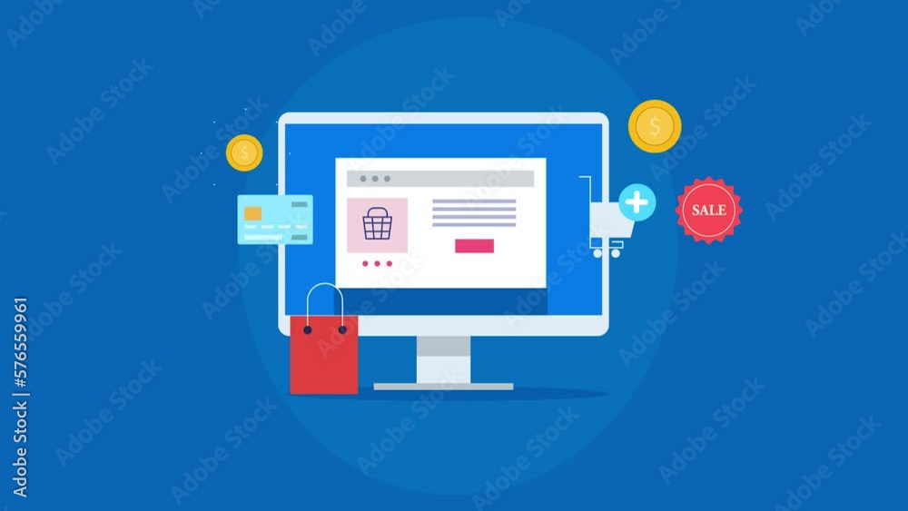 Ecommerce online shopping store on computer desktop, order and discount checkout payment with banking card business video animation concept. Ecommerce online shopping store on computer desktop, order and discount checkout payment with banking card business video animation concept.
