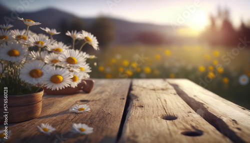 A shabby wooden table against the backdrop of a field at dawn. Mockup template for product presentation with daisies. Photorealistic drawing generated by AI.