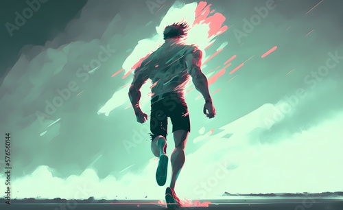 back view of man running with motion effect, digital art atyle, illustration painting, Generative AI