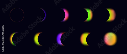 Eclipse of the planet, moon or sun. Iridescent shadow of a dazzling flash. The process of a natural phenomenon, part, phase of eclipse, growth and waning, rainbow brilliance, bright glow. Vector. 