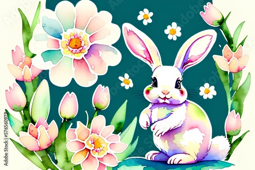 Easter Bunny and Flowers (Watercolor)  © Tim