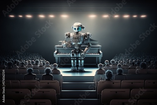 The robot stands on the stage