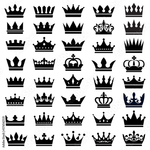 Set of vector king and queen crowns black icon on white background. Vector Illustration. Emblem and Royal symbols.
