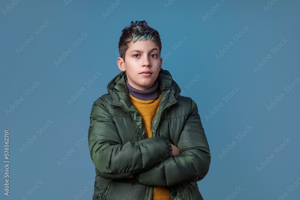 Playful Caucasian Boy with Blue Hair and Unique Style Playful Caucasian Boy with Blue Hair and Unique Style