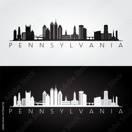 Pennsylvania state skyline and landmarks silhouette  black and white design. Vector illustration.