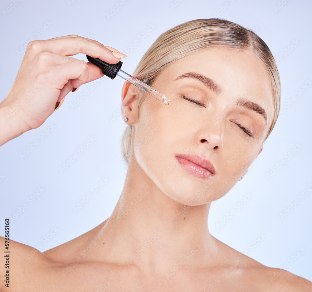 Face, eyes closed and skincare of woman with serum in studio isolated on a purple background. Dermatology, beauty cosmetics and female model apply hyaluronic acid, retinol or essential oil product