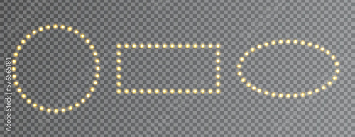 Light frame set. Gold bulb border. Lamp golden circle, square banner. Retro neon wall billboard. Cinema, casino design element. Glitter luxury decoration. Mirror background. Vector illustration