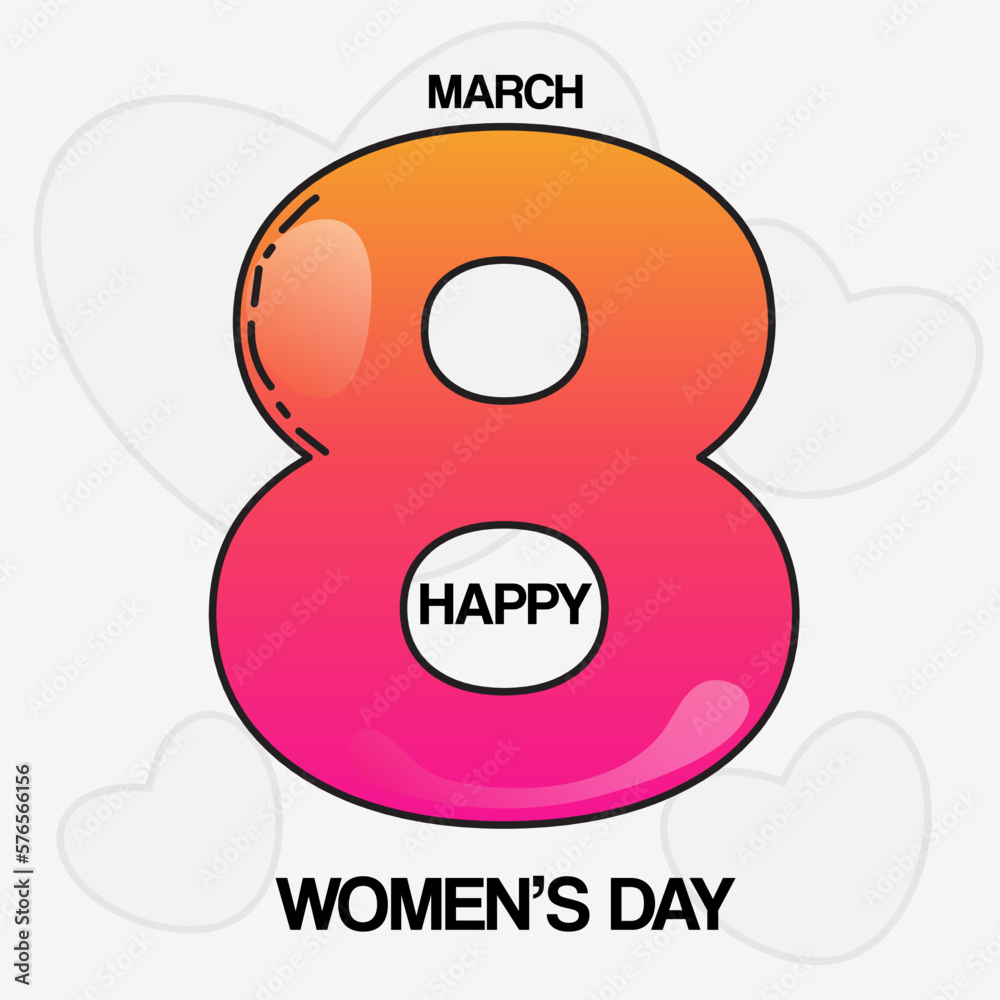 Postcard cartoon number eight. Bright gradient color 8 march Happy women's day on light grey background Postcard cartoon number eight. Bright gradient color 8 march Happy women's day on light grey background