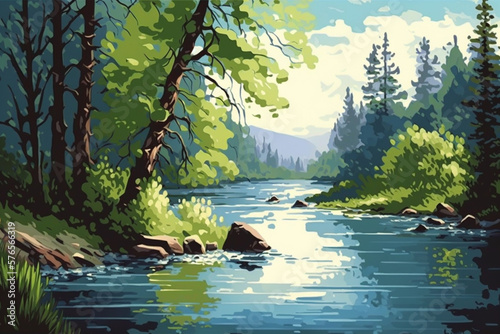 River and Forest - Landscape Painting - Temperate - by Generative AI