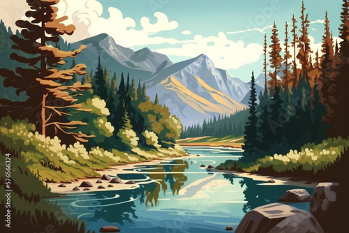 River and Forest - Landscape Painting - Temperate - by Generative AI photo