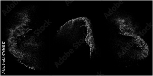 Set of distressed white grainy texture. Dust overlay textured. Grain noise particles. Snow effects pack. Rusted black background. Vector illustration, EPS 10.   