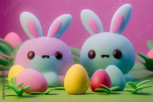 Pink Easter Bunny and Colorful Easter eggs 3D created with generative ai technology