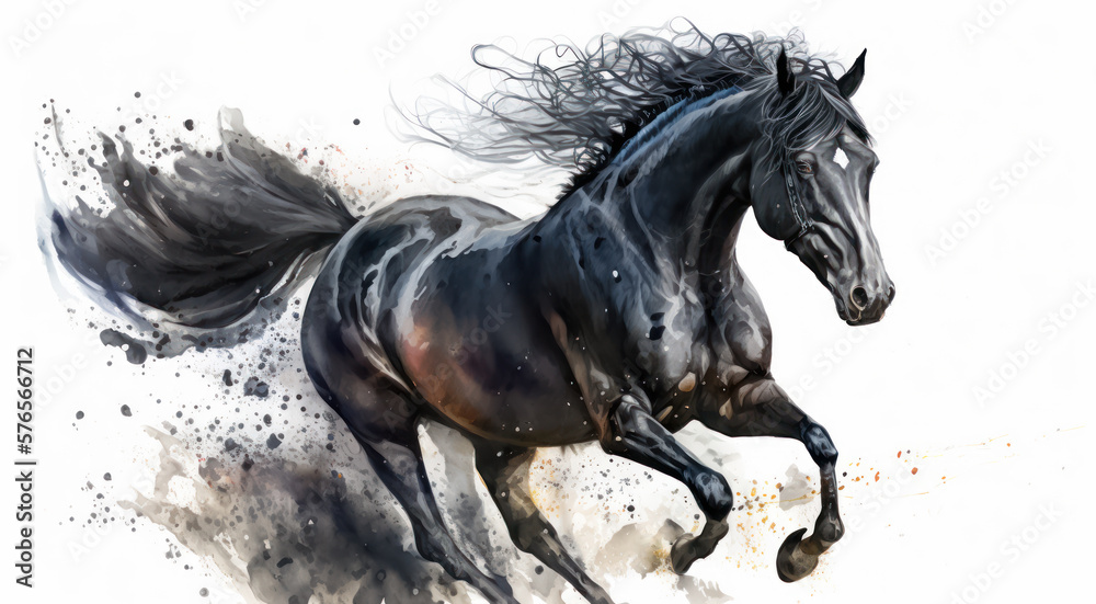 A beautiful black horse running in the sand. Watercolor paint.