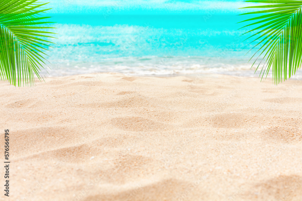 Tropical island paradise beach, green coconut palm tree leaf, sand, blue sea water turquoise ocean, sun sky white cloud, beautiful landscape, summer holidays, vacation, travel banner, empty copy space Tropical island paradise beach, green coconut palm tree leaf, sand, blue sea water turquoise ocean, sun sky white cloud, beautiful landscape, summer holidays, vacation, travel banner, empty copy space