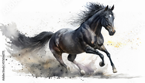 A beautiful black horse running in the sand. Watercolor paint.