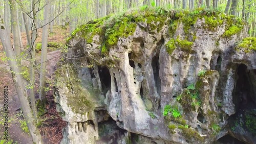 Ancient rock in spring forest, camera move down up. Rough old stone from rock formation with growing moss. Young green leaves bloom on trees in deciduous grove. Beautiful wild nature, scenery. photo