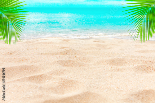 Tropical island paradise beach, green coconut palm tree leaf, sand, blue sea water turquoise ocean, sun sky white cloud, beautiful landscape, summer holidays, vacation, travel banner, empty copy space
