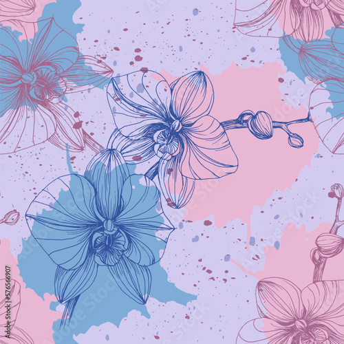 Vector hand drawn seamless pattern with stylized orchid branch for your design, pattern can be used for wallpaper, invitation, fabric.
