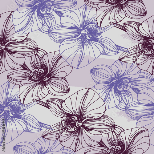 Vector hand drawn seamless pattern with stylized orchid branch for your design, pattern can be used for wallpaper, invitation, fabric.