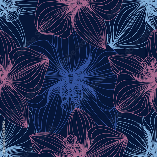 Vector hand drawn seamless pattern with stylized orchid branch for your design, pattern can be used for wallpaper, invitation, fabric.