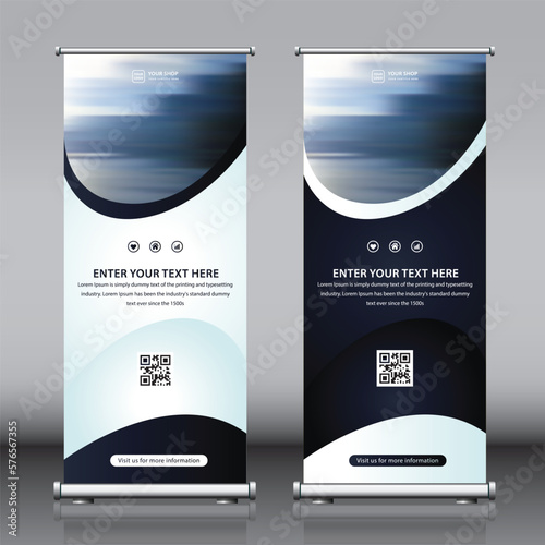 Roll up banner design collection with light and dark blue colorful artwork and a photo. Editable vertical template vector set, modern standee and flag banner
