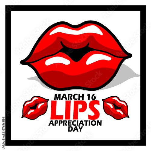 Illustration of very sexy red lips with bold text in frame isolated on white background to celebrate Lips Appreciation Day on March 16