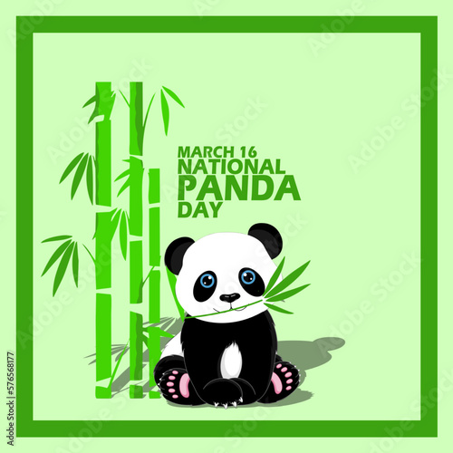 Illustration of a panda eating a bamboo tree with bold text in a frame on light green background to commemorate National Panda Day on March 16