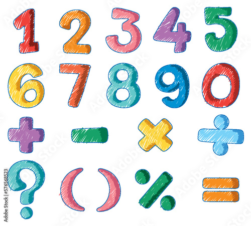 Set of numbers and math symbols pencil colour child scribble style