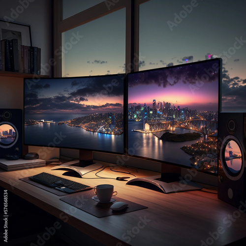Home desktop setup with window view, city landscape, and perfect lighting and view. 