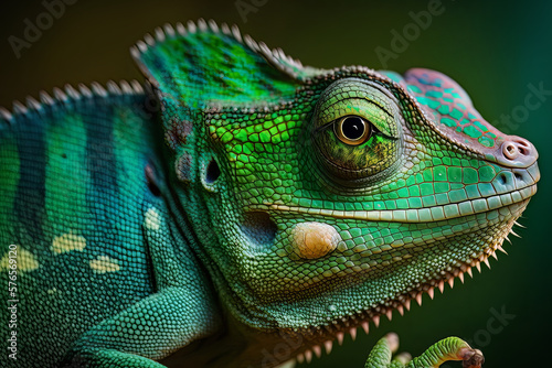 Get up close and personal with this striking green chameleon in this vivid close-up shot. With its bright green scales and intense gaze  Generative AI