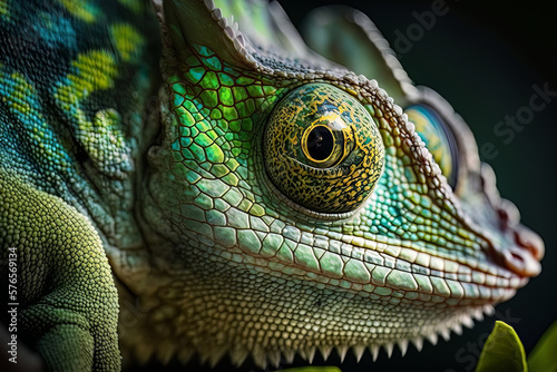 This stunning close-up photo of a green chameleon showcases the intricate details of its unique texture and coloration. Generative AI