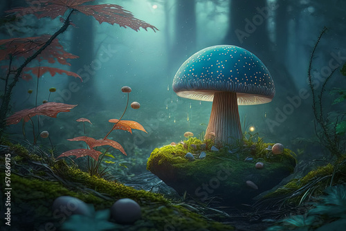 Behold the beauty of nature's wonders in this mesmerizing photograph of a magic mushroom growing in the enchanting depths of a forest, a true testament to the magic of the natural world. Generative AI