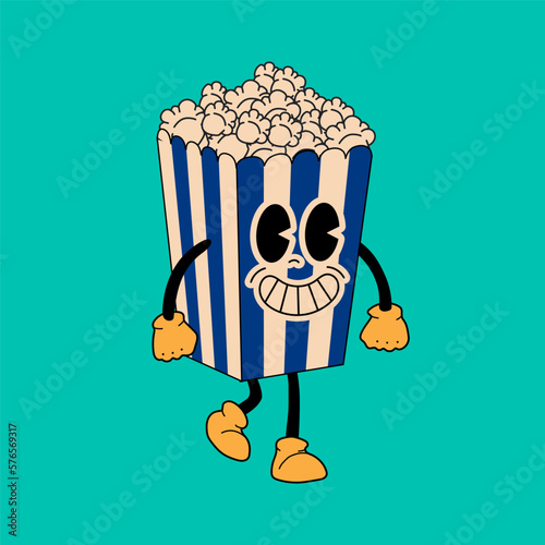 Retro Popcorn mascot. Cute character in trendy retro 60s 70s cartoon style. Vector hand drawn illustration